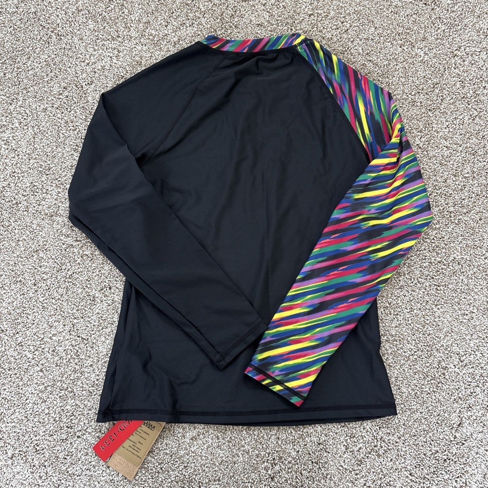 Kid 1234 Girls 13-14y Long Sleeve 2pc Swimwear Rash Guard & Shorts Black Rainbow - Picture 6 of 9
